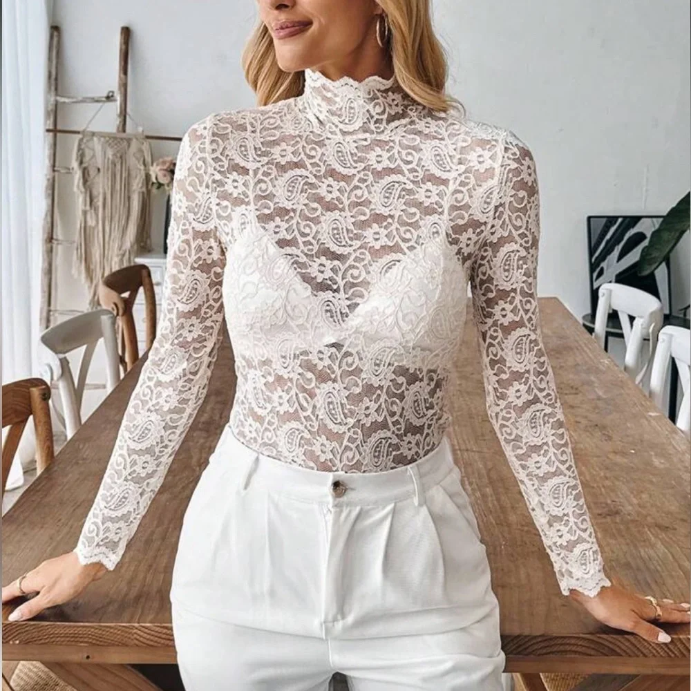 Elegant Beige Lace Long Sleeve Top